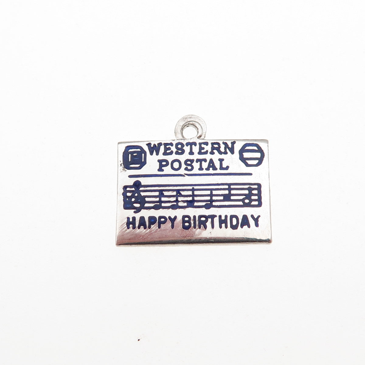 925 Sterling Vintage Enamel Western Postal Happy Birthday Card Mini Pendant