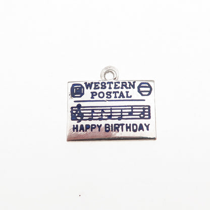 925 Sterling Vintage Enamel Western Postal Happy Birthday Card Mini Pendant