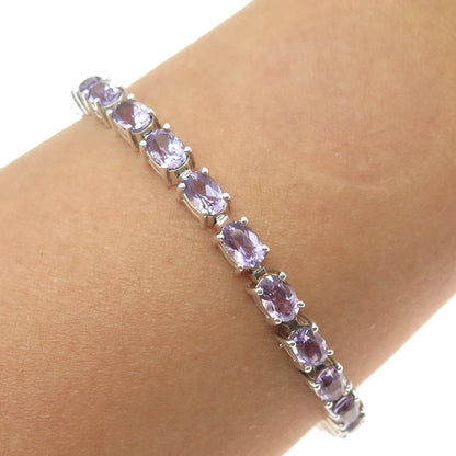 925 Sterling Silver Vintage Real Amethyst Gemstone Tennis Link Bracelet 7.25"