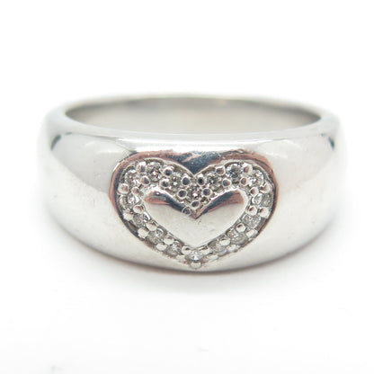 925 Sterling Silver Real Round-Cut Diamond Heart Ring Size 8