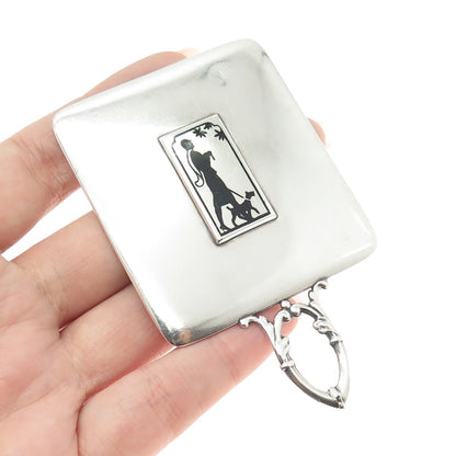 925 Sterling Silver Antique Art Deco Enamel Lady & Dog Mirror Frame