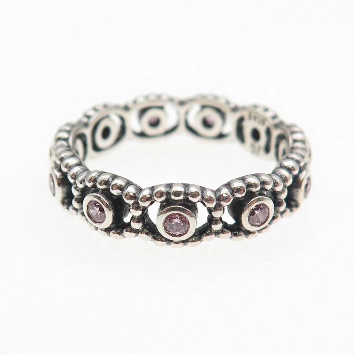 Pandora 925 Sterling Silver Round-Cut Pink C Z Her Majesty Band Ring Size 9