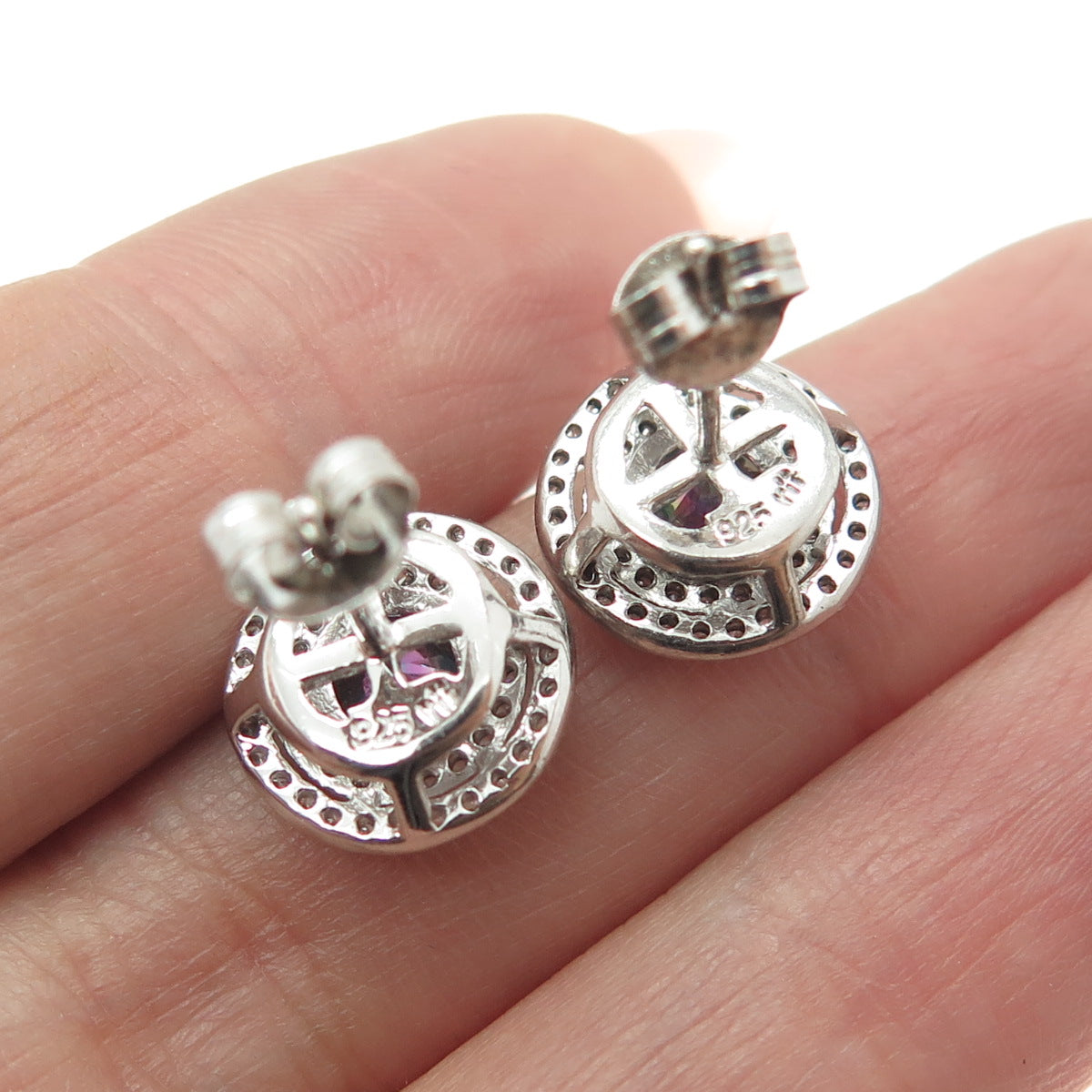 RIIF 925 Sterling Silver Real Round-Cut Mystic Topaz & C Z Stud Earrings