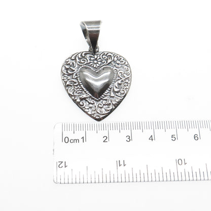 925 Sterling Silver Vintage Mexico Repousse Heart Oxidized Pendant