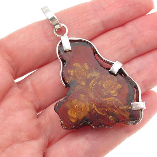 925 Sterling Silver Vintage Real Amber Carved Rose Flower Pendant