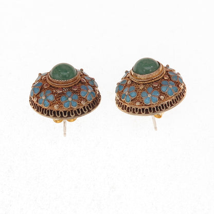 925 Sterling Silver Gold Plated Vintage Enamel Real Aventurine Floral Earrings