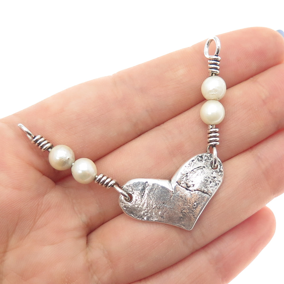 Aniello 925 Sterling Vintage Real Pearl Heart Oxidized Centerpiece Necklace Part