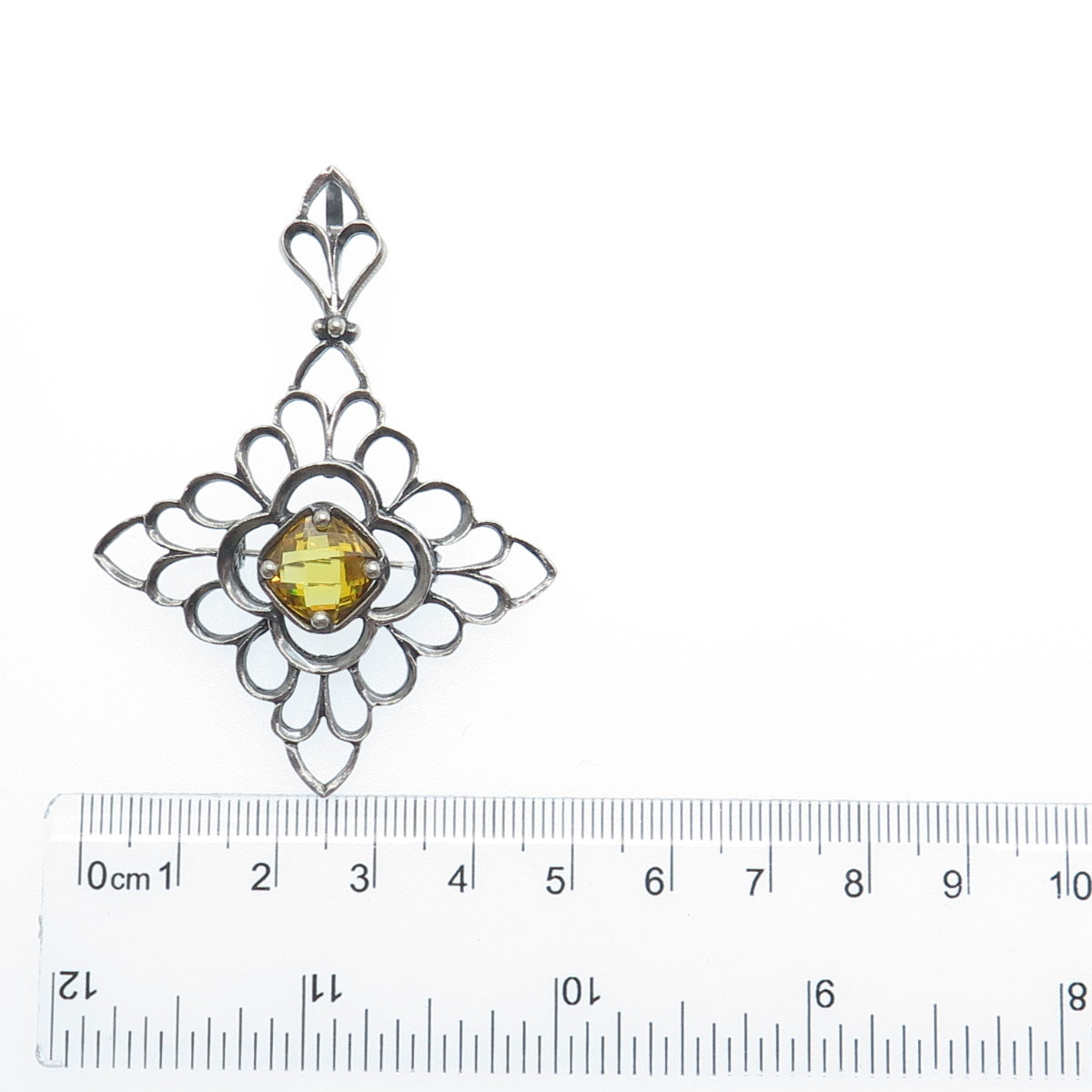 925 Sterling Silver Vintage Canary C Z Floral Cross Pin Brooch / Pendant