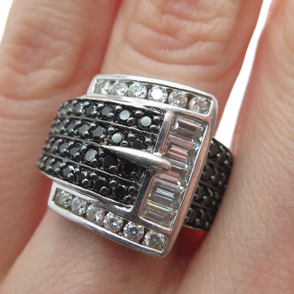 ROSS SIMONS 925 Sterling Silver Real Black Spinel C Z Belt Buckle Ring Size 6.25