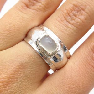 925 Sterling Silver Vintage Real Clear Quartz Hammered Wide Ring Size 8