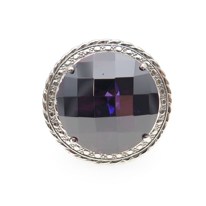 925 Sterling Silver Enamel Round-Cut Purple C Z Statement Ring Size 7.25