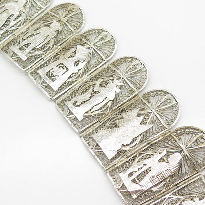 925 Sterling Silver Vintage Egyptian Storyteller Heavy Panel Link Bracelet 6.75"
