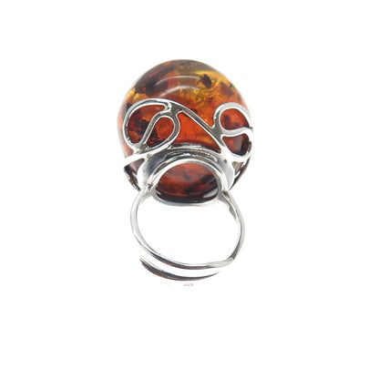 925 Sterling Silver Vintage Real Amber Modernist Ring Size 8.25
