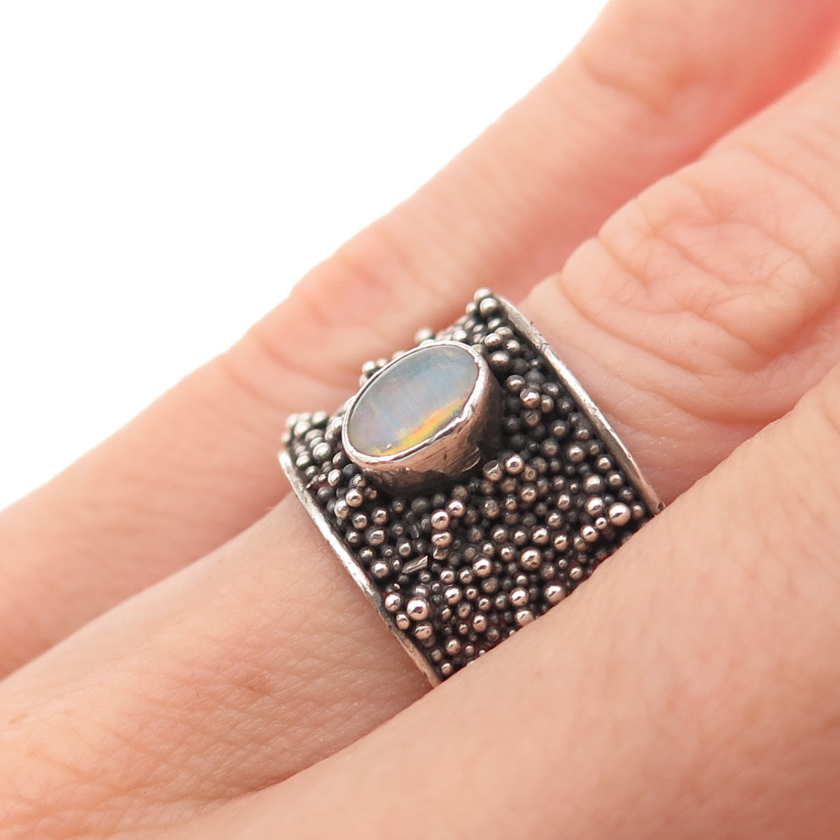 925 Sterling Silver Vintage Real Opal Granulated Oxidized Ring Size 6.5