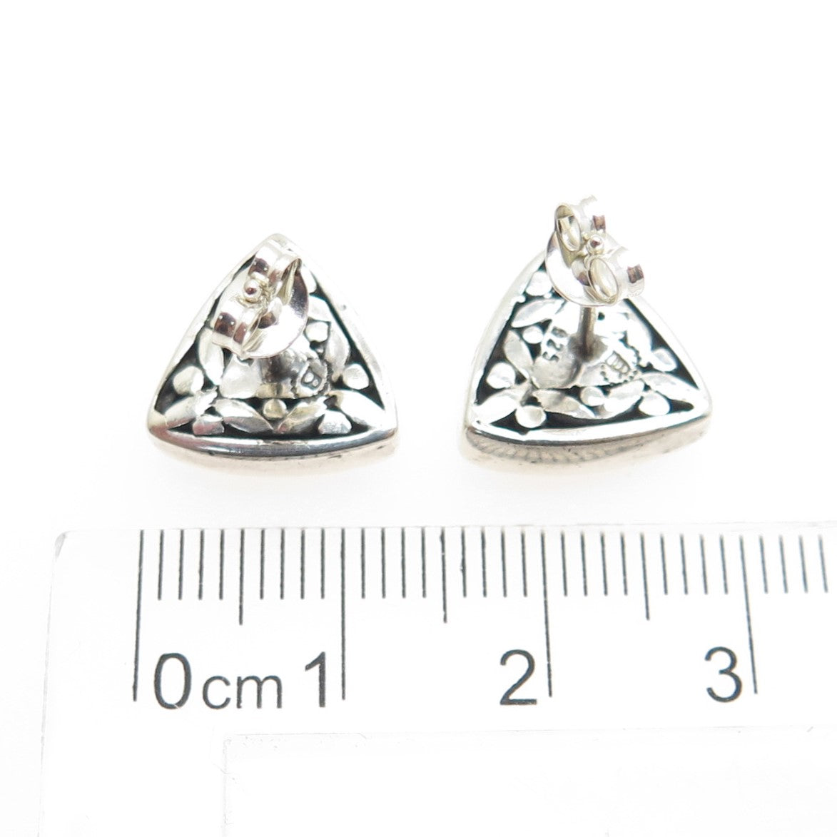 BECKER 925 Sterling Silver Vintage Floral Ethnic Triangle Stud Earrings