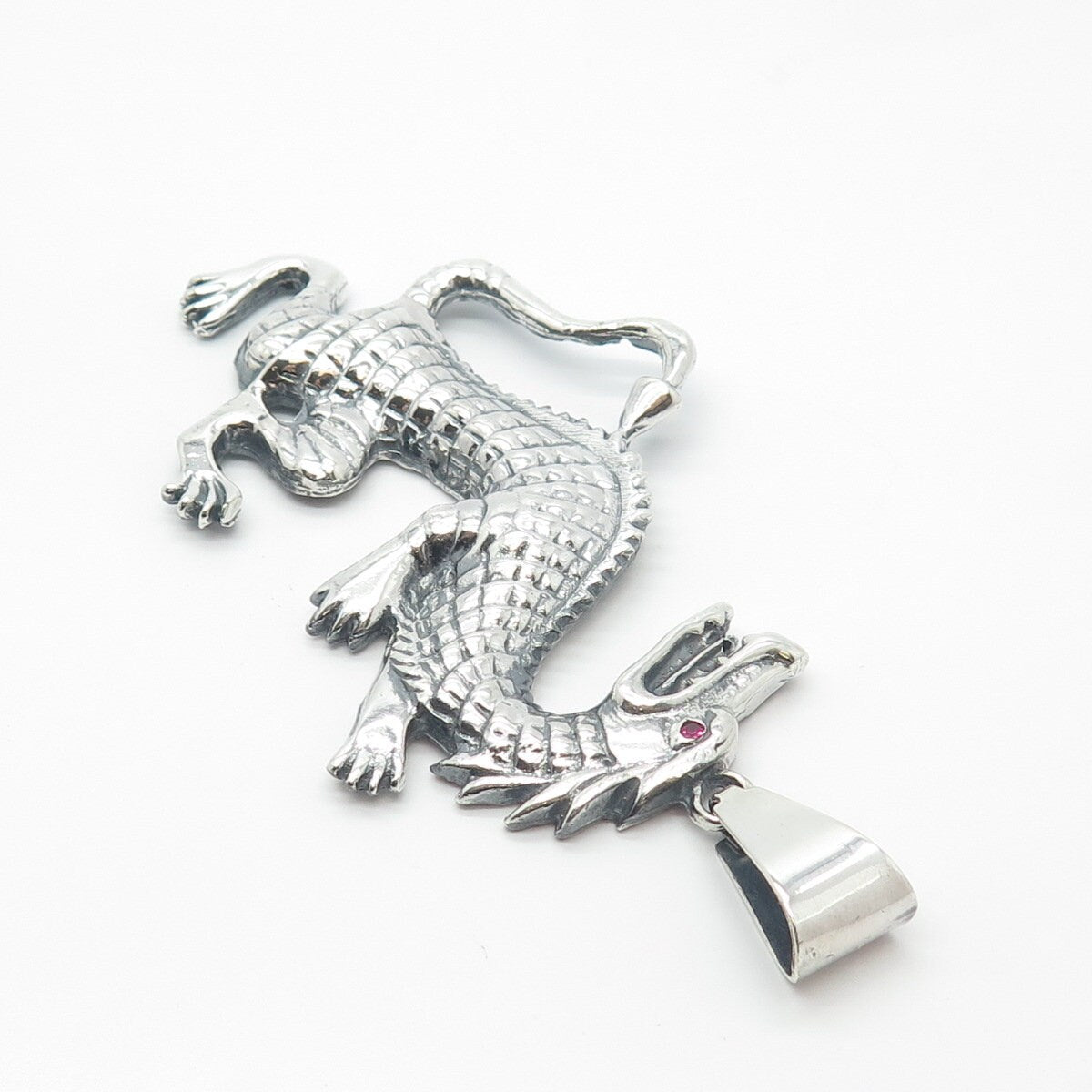 925 Sterling Silver Vintage Real Pink Sapphire Gem Dragon Pendant