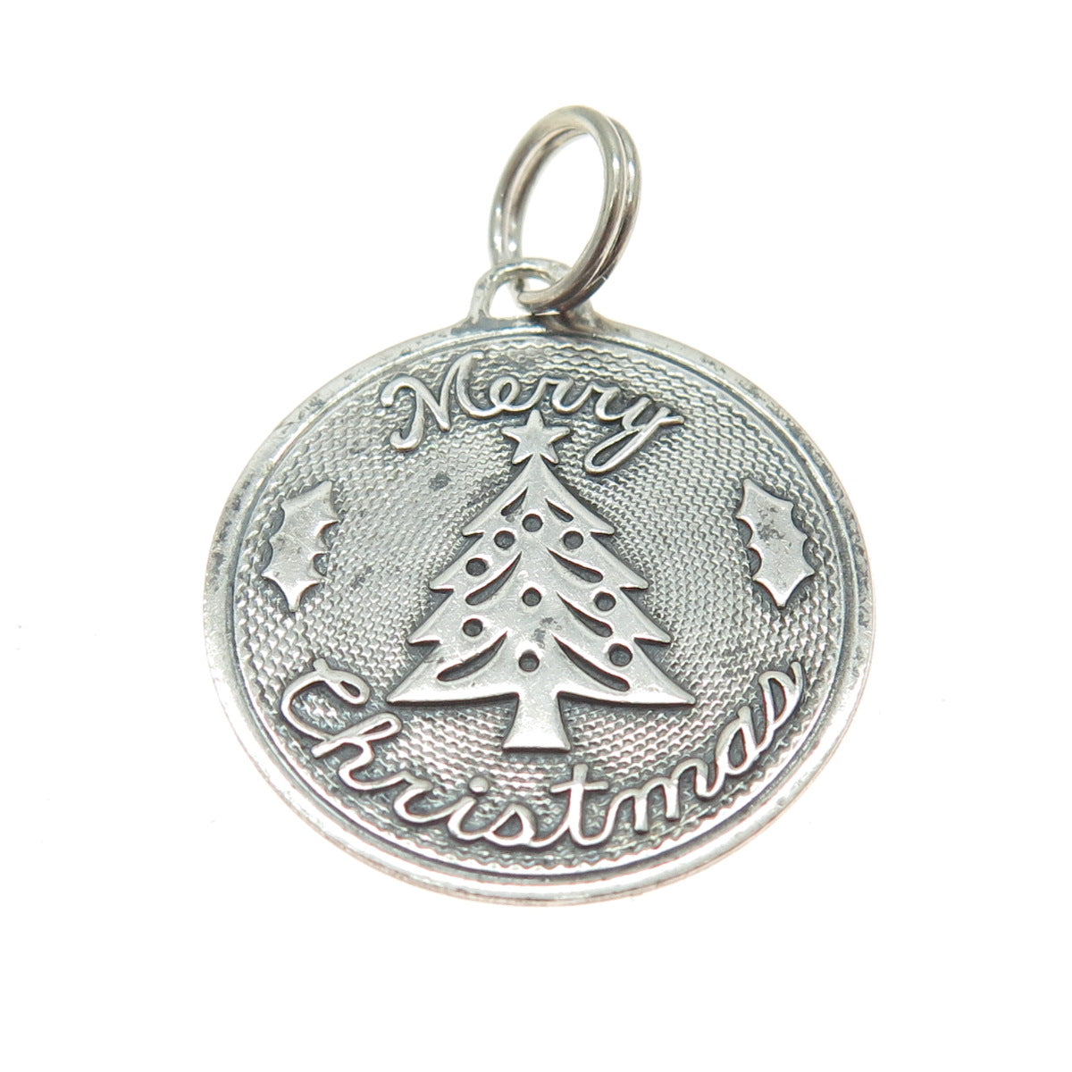 BEAU 925 Sterling Silver Vintage Merry Christmas Round Charm Pendant