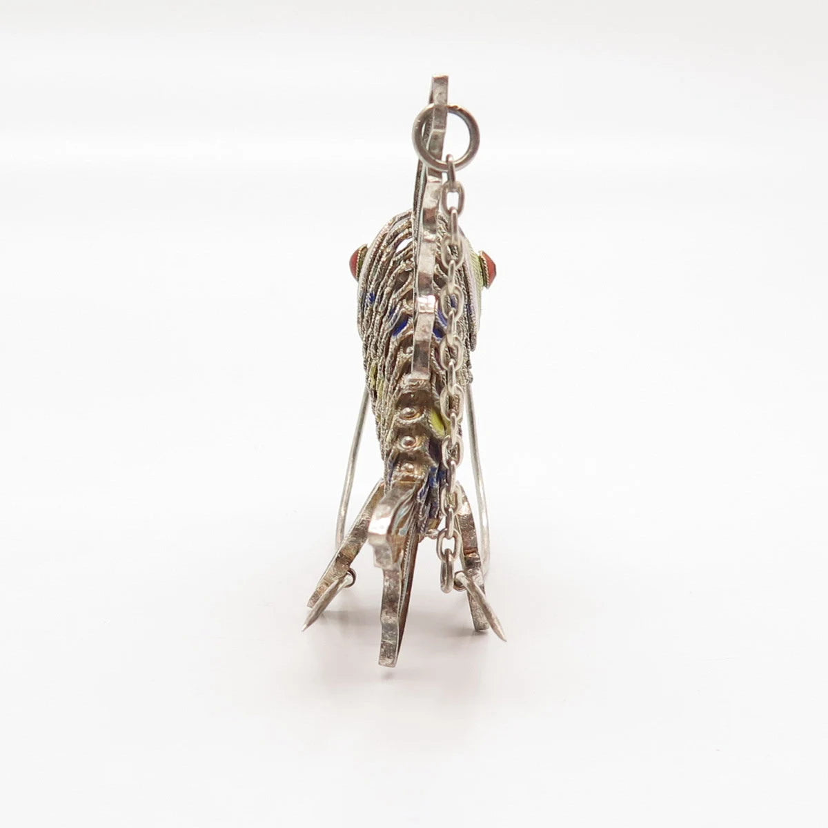 925 Sterling Silver Antique Enamel Chinese Koi Fish Articulated Chatelaine Fob