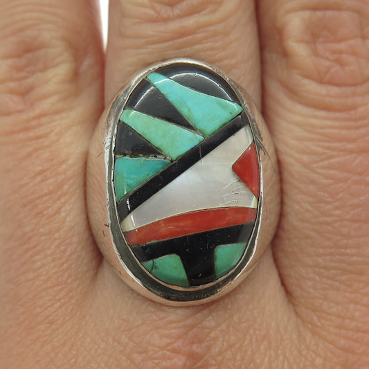 RICHARD & GENEVA TERRAZAS ZUNI Sterling Silver Vintage Multi-Gem Ring Size 11.5