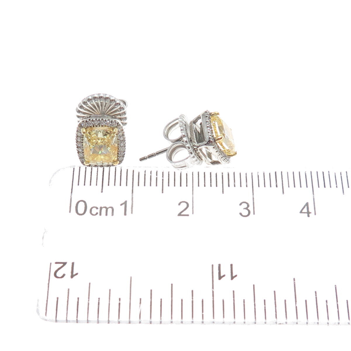 925 Sterling Silver Radiant-Cut Canary & Round-Cut White C Z Earrings