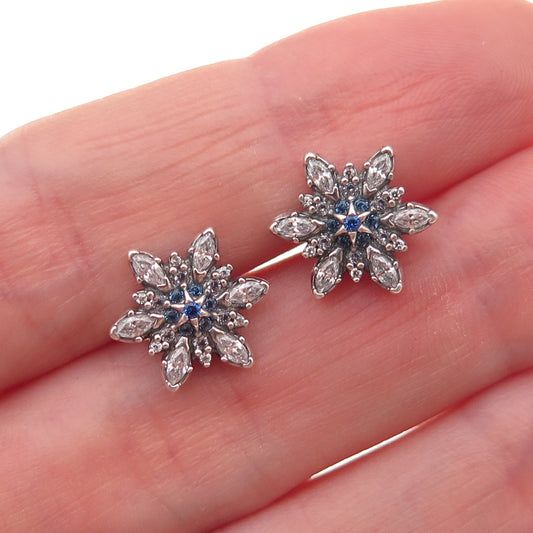 Pandora 925 Sterling Silver Blue & White C Z Snowflake Stud Earrings