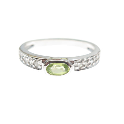 925 Sterling Silver Real Round-Cut Diamond & Oval-Cut Peridot Ring Size 7.25