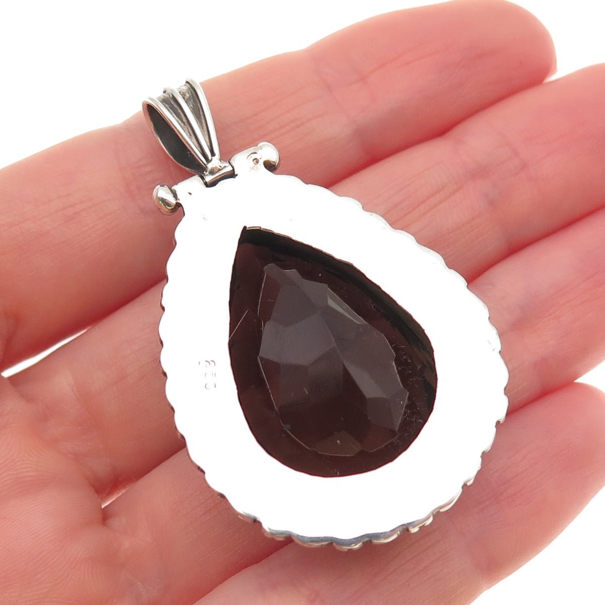 925 Sterling Silver Vintage Real Smoky Quartz Modernist Oxidized Pendant