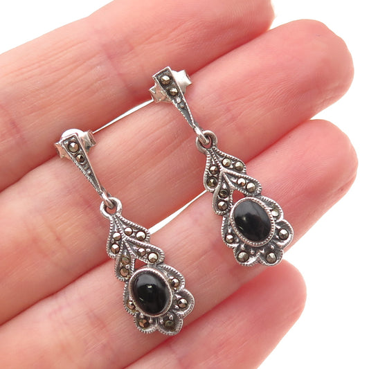 925 Sterling Silver Vintage Real Black Onyx & Marcasite Oxidized Dangle Earrings