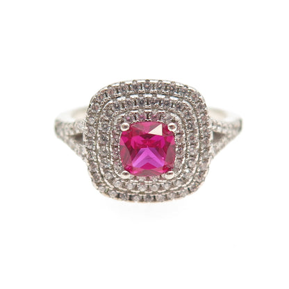 925 Sterling Silver Vintage Cushion-Cut Lab-Created Ruby & C Z Ring Size 7