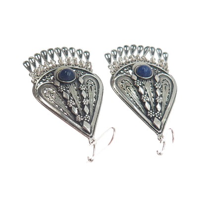 925 Sterling Silver Vintage Real Lapis Oxidized Filigree Chandelier Earrings