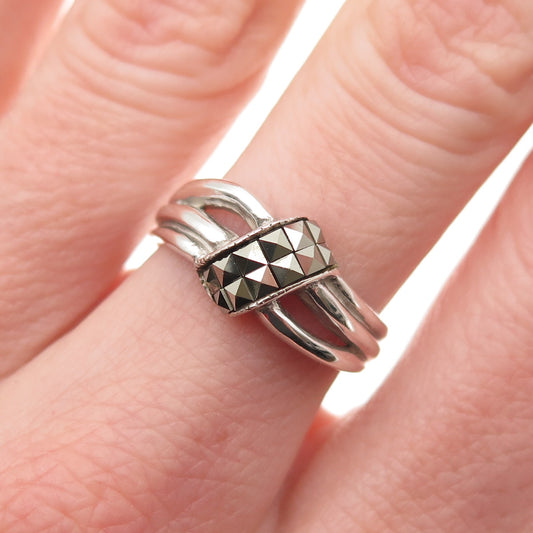 925 Sterling Silver Vintage Real Marcasite Wavy Ring Size 6
