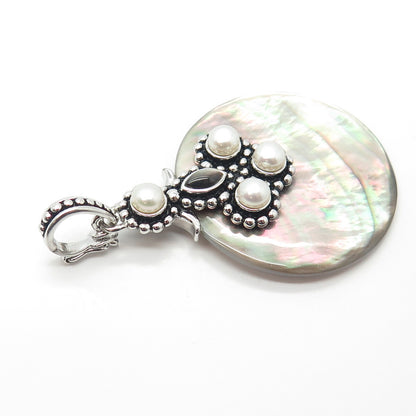 925 Sterling Silver Vintage Real Pearl & Mother-of-Pearl Amulet Pendant