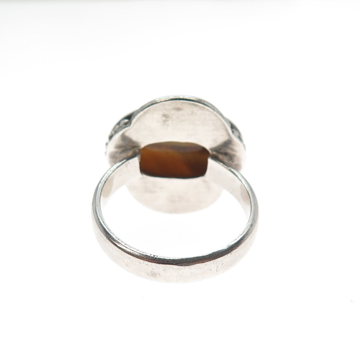 925 Sterling Silver Vintage Real Tiger Eye Modernist Oxidized Ring Size 8.25