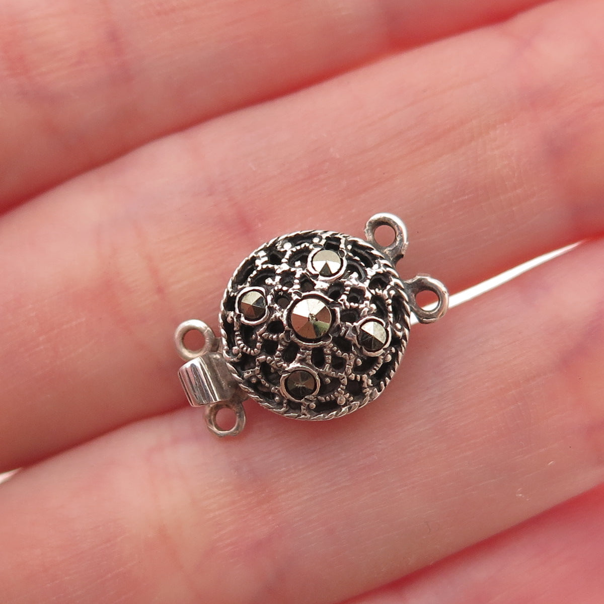 925 Sterling Silver Antique Art Deco Real Marcasite Bracelet / Necklace Box Lock