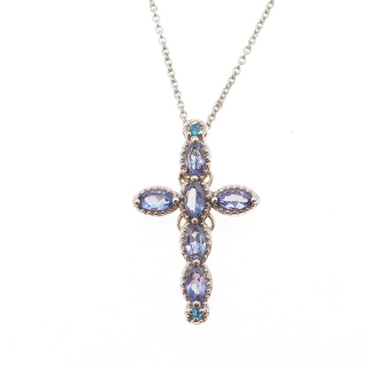 Chuck Clemency 925 Sterling Silver Real Tanzanite & Apatite Cross Necklace 18"