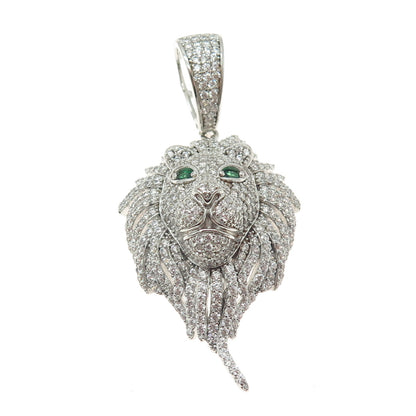 925 Sterling Silver Nano Emerald & Round-Cut Shaped C Z Lion's Head Pendant