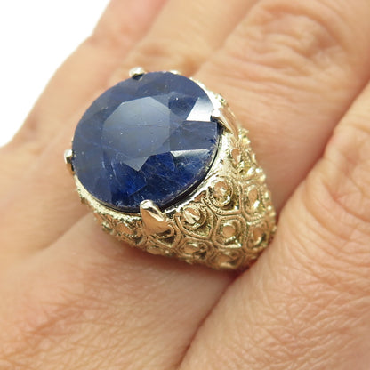 925 Sterling Silver Gold Plated Real Round-Cut Sapphire Ornate Ring Size 7