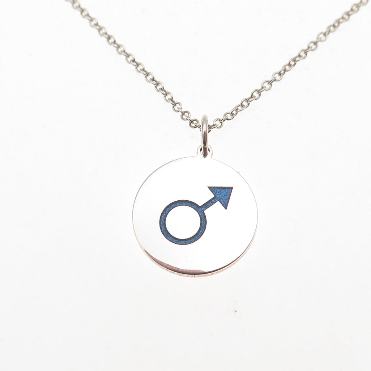 925 Sterling Silver Blue Enamel Male Symbol Round Tag Cable Chain Necklace 18"