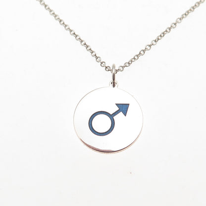 925 Sterling Silver Blue Enamel Male Symbol Round Tag Cable Chain Necklace 18"