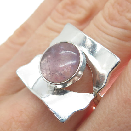 950 Silver Vintage Real Rose Quartz Modernist Square Ring Size 5.25