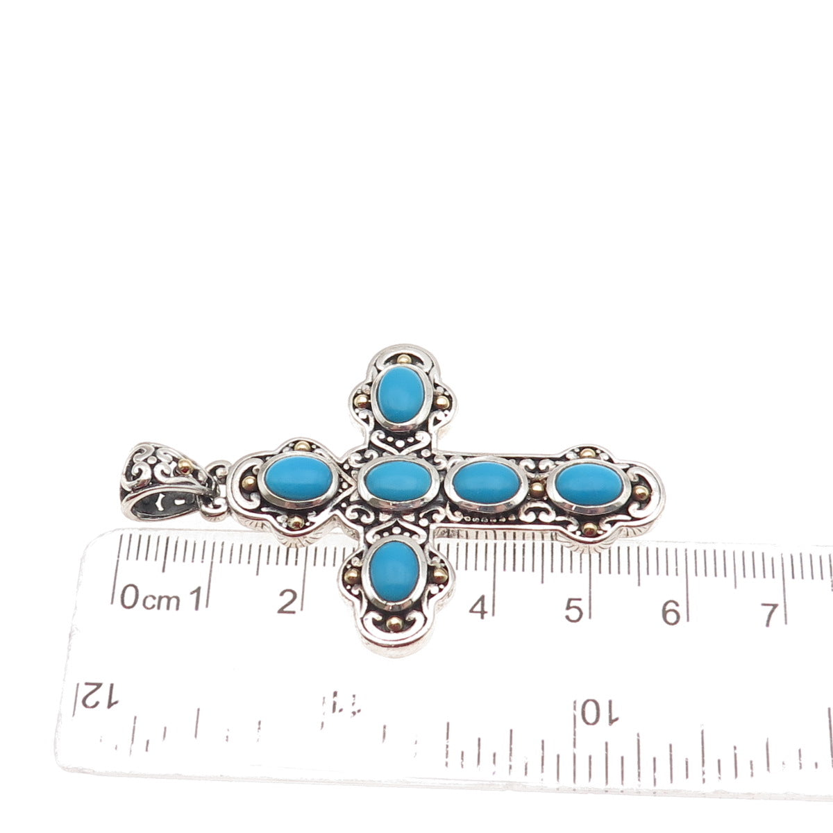 Samuel Benham 925 Sterling Silver 18K Gold Real Turquoise Cross Beaded Pendant