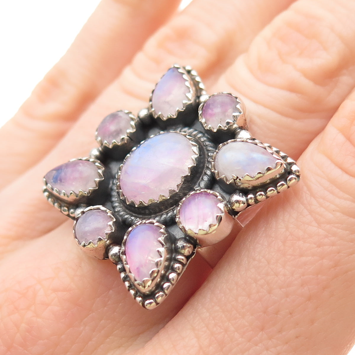 925 Sterling Silver Vintage Real Pink Moonstone Adjustable Ring Size 8.75
