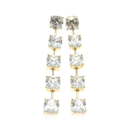 925 Sterling Silver Gold Plated Princess-Cut Shaped C Z Dangling Earrings