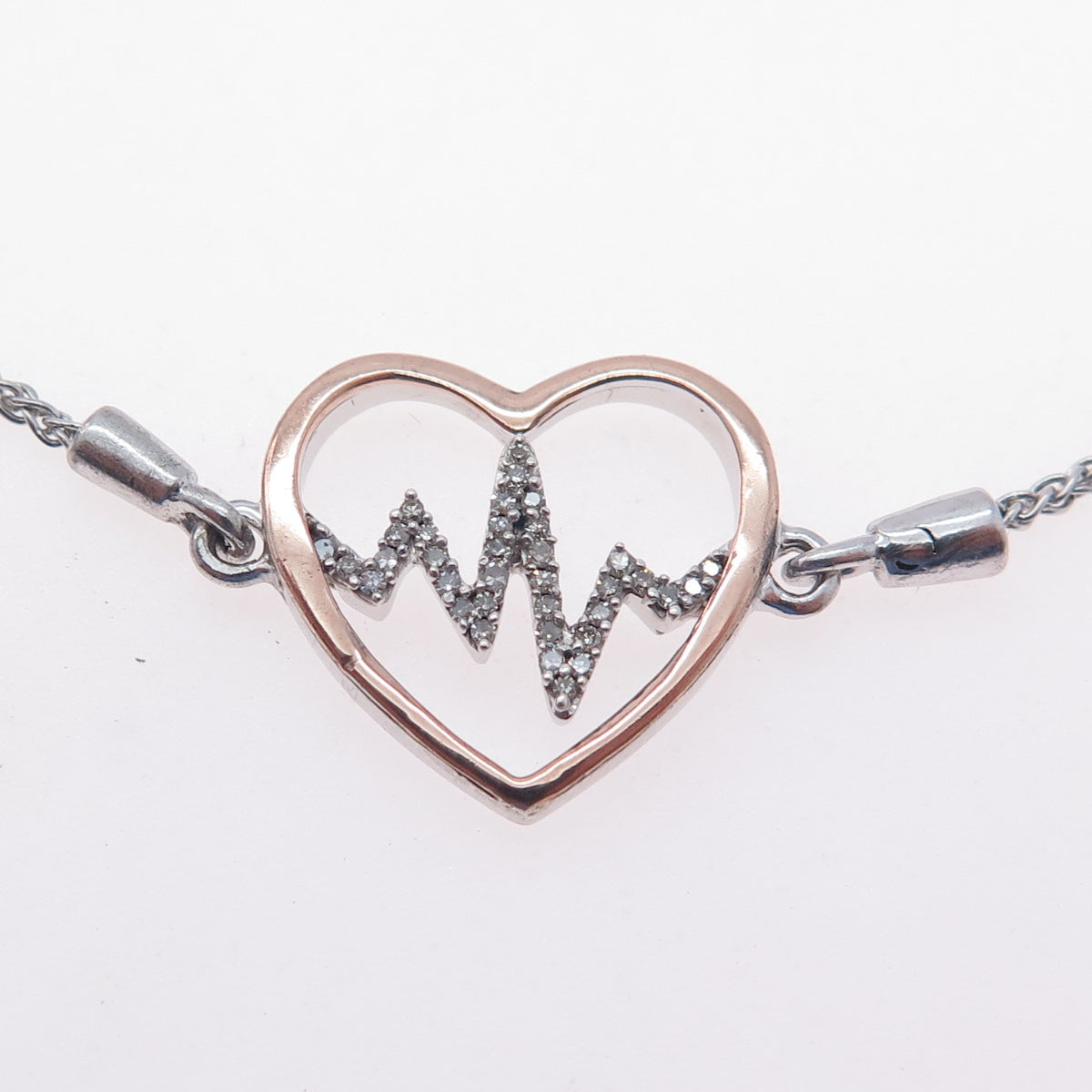 925 Sterling Silver 10K Gold Real Diamond Heartbeat Adjustable Bracelet 6-8.75"