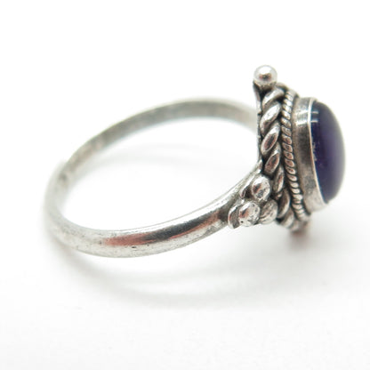 925 Sterling Silver Vintage Real Cabochon Amethyst Oxidized Ring Size 5.75