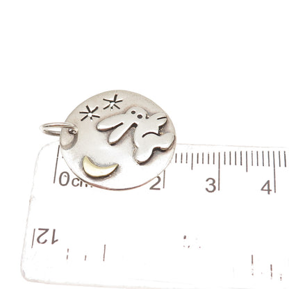 925 Sterling Silver 2-Tone Vintage AHD Mexico Rabbit Crescent Moon Charm Pendant