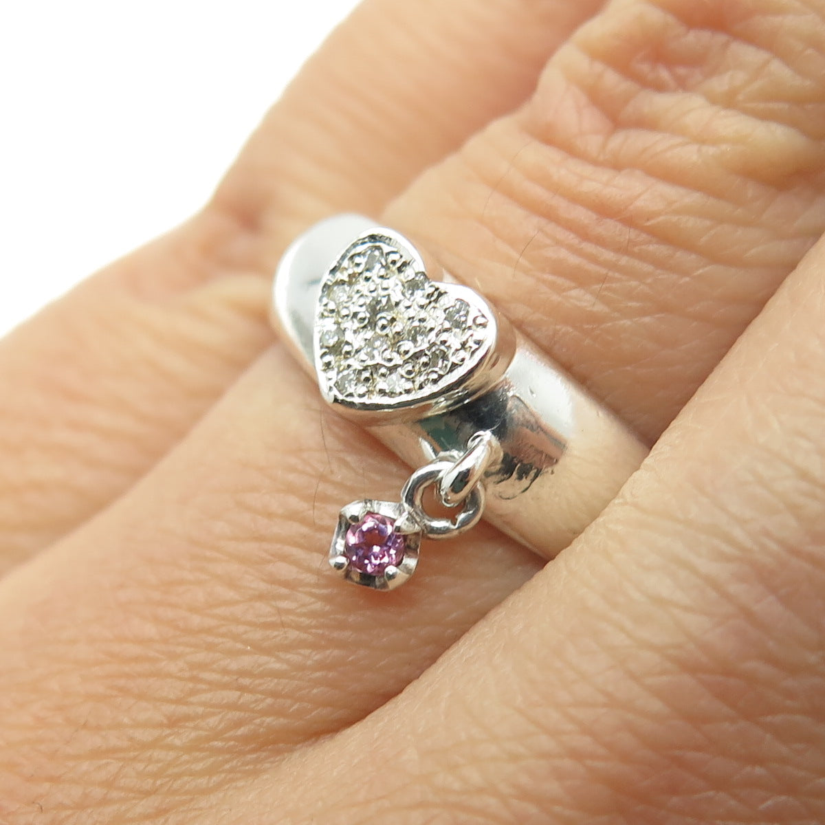 RACHEL ROGERS 925 Sterling Silver White Diamond Pink Amethyst Gem Ring Size 6.75