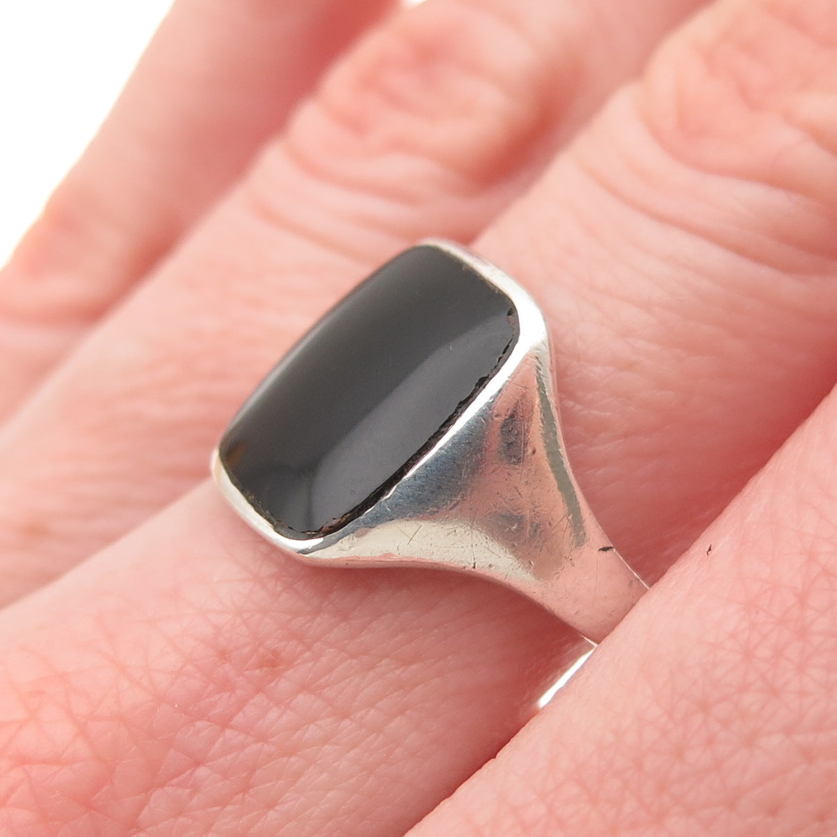 925 Sterling Silver Vintage Real Black Onyx Modernist Ring Size 8.75