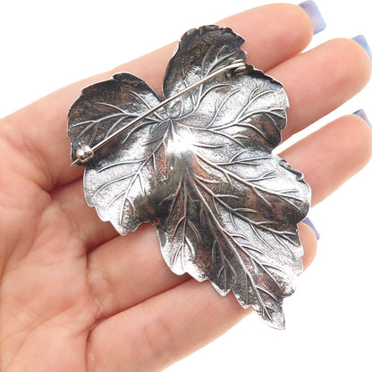925 Sterling Silver Vintage Floral Leaf Oxidized Pin Brooch