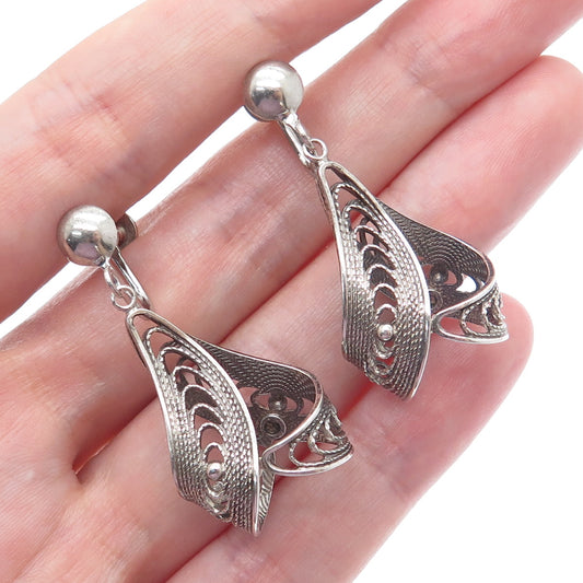 925 Sterling Silver Antique Art Deco Filigree Twisted Dangle Screw Back Earrings